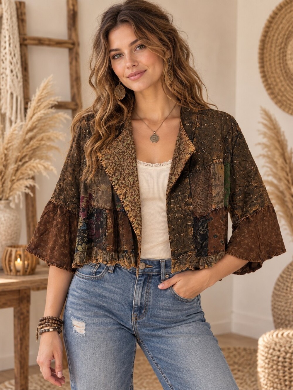 475.Boho Patchwork Brown Cropped Women's Jacket